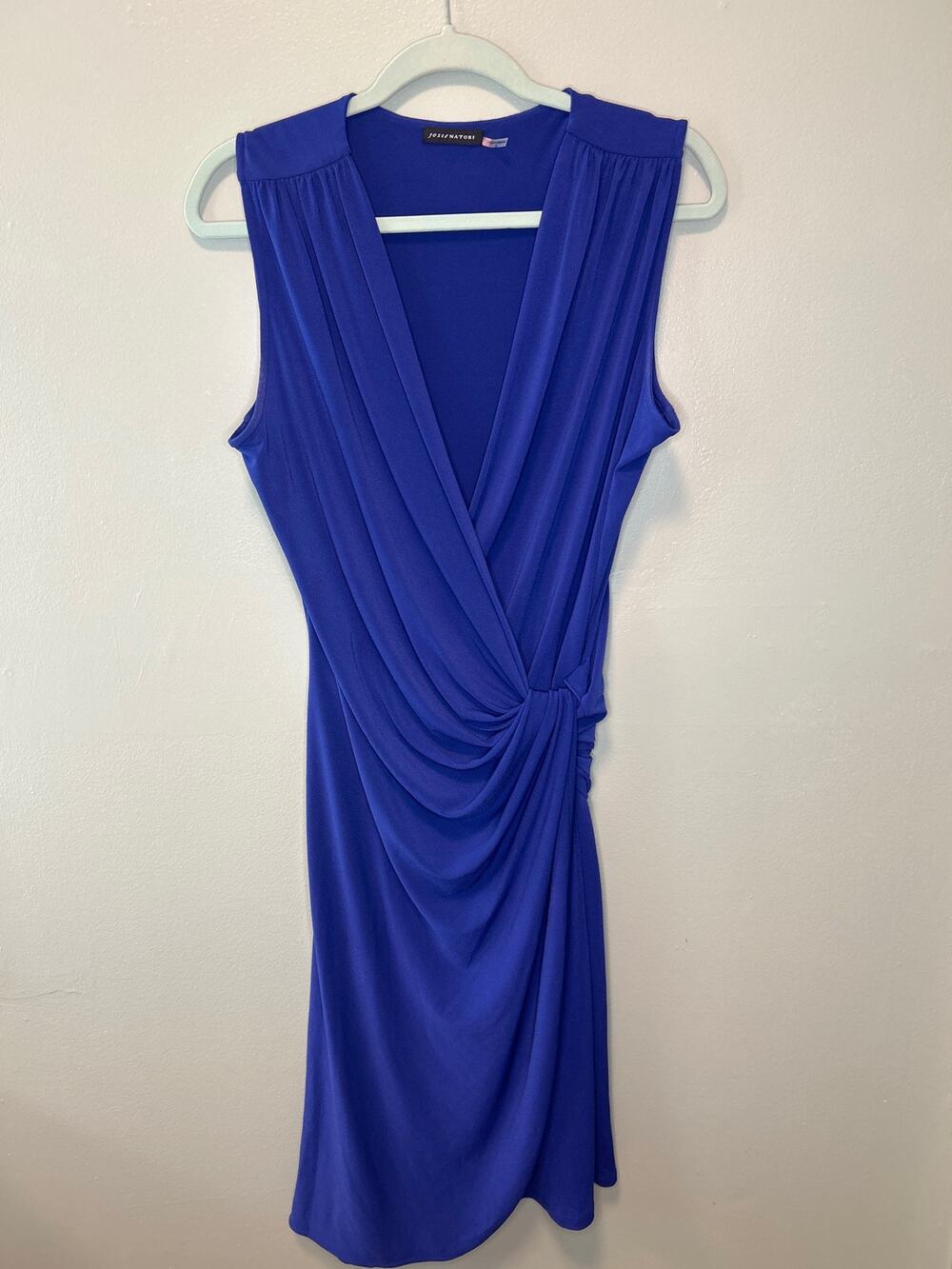 Josie Natori Womens M Dress Faux Wrap Strech Crepe Blue Cinched Waist Sleeveless
